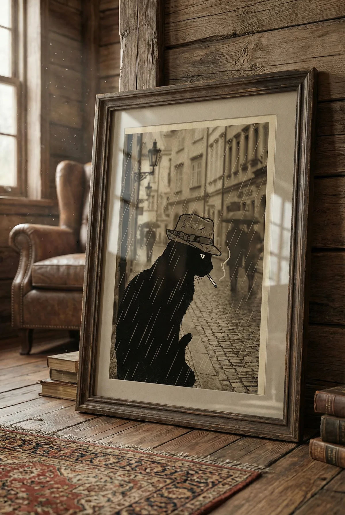 Printable Retro Black Cat in Rain - printable wall art